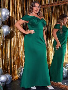 大碼一字肩緊身上衣超長舞會連衣裙 - 墨綠色 - 查看 5