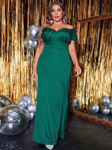 大碼一字肩緊身上衣超長舞會連衣裙 - 墨綠色 - 查看 7