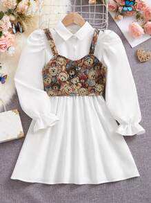 SHEIN 女孩荷葉袖襯衫連衣裙和小熊印花吊帶上衣 - 白色 - 查看 1
