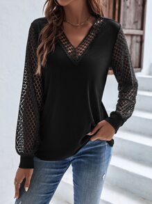 SHEIN LUNE Top con encaje en contraste de manga obispo - Negro - Ver 1