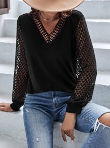 SHEIN LUNE Top con encaje en contraste de manga obispo - Negro - Ver 3
