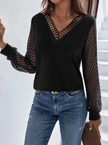 SHEIN LUNE Top con encaje en contraste de manga obispo - Negro - Ver 5