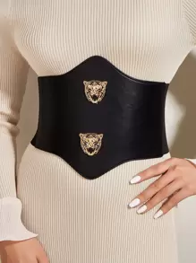 虎头装饰束腰带万圣节腰部训练器女士配饰西部牛仔女牛仔乡村服饰复古黑色腰带女式束腰带，腰部训练器，塑腰，瘦腰收腹 - 黑色 - 查看 1