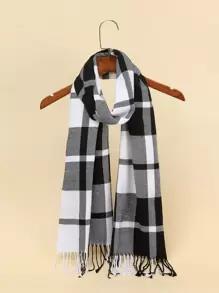 Men Plaid Pattern Fringe Hem Scarf - Black and White - View 1