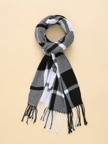 Men Plaid Pattern Fringe Hem Scarf - Black and White - View 2