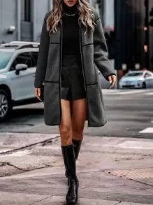 SHEIN LUNE Contrast Binding Zip Up Teddy Coat - Dark Grey - View 1