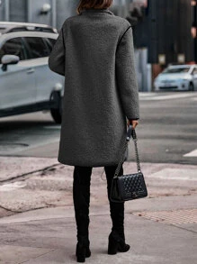 SHEIN LUNE Contrast Binding Zip Up Teddy Coat - Dark Grey - View 2