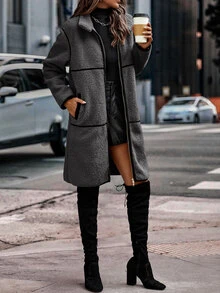 SHEIN LUNE Contrast Binding Zip Up Teddy Coat - Dark Grey - View 3