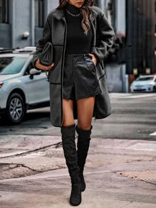 SHEIN LUNE Contrast Binding Zip Up Teddy Coat - Dark Grey - View 4