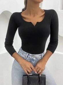 RueChic Notched Neckline Slim Fit Tee - Black - View 1