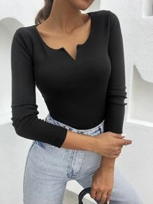 RueChic Notched Neckline Slim Fit Tee - Black - View 4