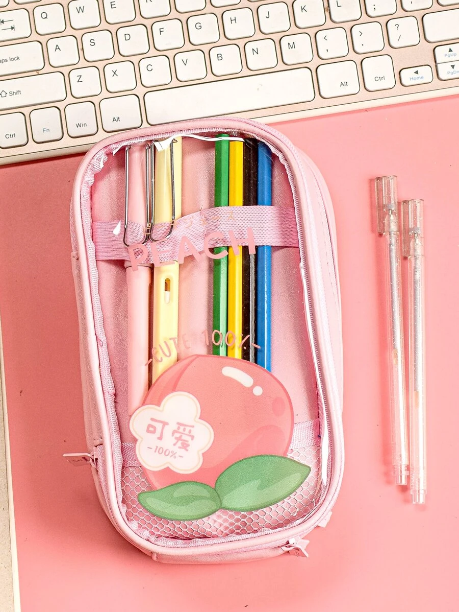 MOKA 1pc Peach Pattern Pencil Bag, Modern High Capacity Office Stationery Organizer For School Student - Pink - View 1