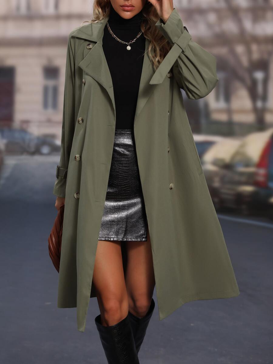 SHEIN LUNE Double Breasted Slant Pockets Raglan Sleeve Belted Trench Coat - Army Green - View 1