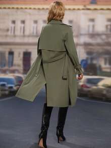 SHEIN LUNE Double Breasted Slant Pockets Raglan Sleeve Belted Trench Coat - Army Green - View 2
