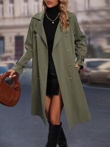 SHEIN LUNE Double Breasted Slant Pockets Raglan Sleeve Belted Trench Coat - Army Green - View 5