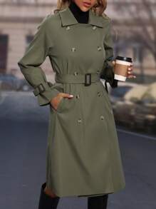 SHEIN LUNE Double Breasted Slant Pockets Raglan Sleeve Belted Trench Coat - Army Green - View 4