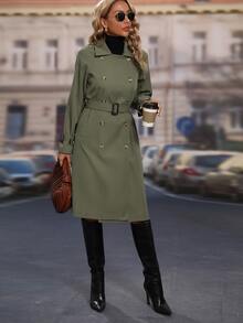 SHEIN LUNE Double Breasted Slant Pockets Raglan Sleeve Belted Trench Coat - Army Green - View 6