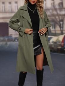 SHEIN LUNE Double Breasted Slant Pockets Raglan Sleeve Belted Trench Coat - Army Green - View 3