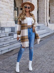 SHEIN LUNE Plaid Print Drop Shoulder Overcoat Fall Winter Cloth For Women - Multicolor - View 6