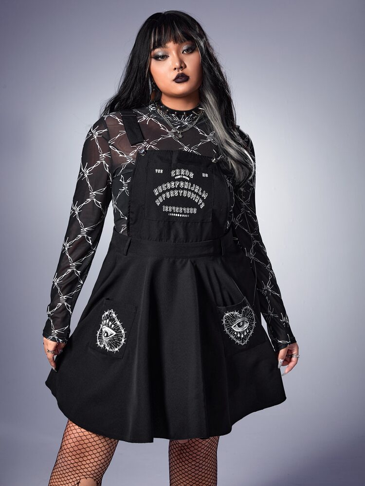 Deniart Goth Plus Letter Graphic Overall Dress Without Top - Black - View 1
