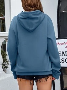 INAWLY 心形印花袋鼠口袋落肩抽绳保暖连帽衫，长袖上衣 - 霧霾藍 - 查看 2