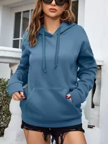 INAWLY Solid Kangaroo Pocket Drawstring Hoodie,Long Sleeve Tops - Dusty Blue - View 1