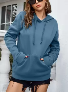 INAWLY Solid Kangaroo Pocket Drawstring Hoodie,Long Sleeve Tops - Dusty Blue - View 6