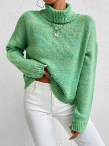 SHEIN Essnce Turtleneck Drop Shoulder Jumper - Green - View 1