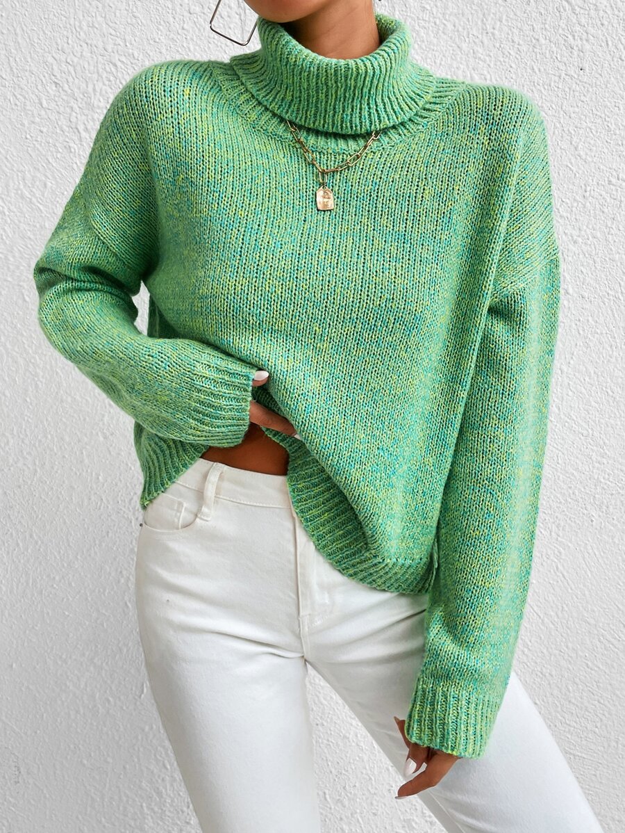 SHEIN Essnce Turtleneck Drop Shoulder Jumper - Green - View 1