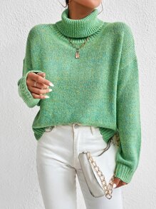 SHEIN Essnce Turtleneck Drop Shoulder Jumper - Green - View 5