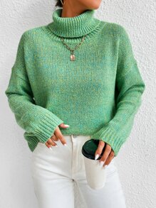 SHEIN Essnce Turtleneck Drop Shoulder Jumper - Green - View 3
