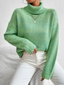 SHEIN Essnce Turtleneck Drop Shoulder Jumper - Green - View 2