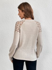 SHEIN Privé Lace Insert Raglan Sleeve Tee - Apricot - View 2