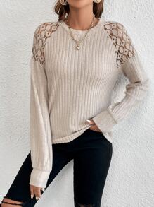 SHEIN Privé Lace Insert Raglan Sleeve Tee - Apricot - View 3