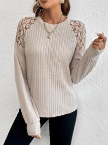 SHEIN Privé Lace Insert Raglan Sleeve Tee - Apricot - View 4