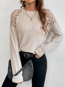 SHEIN Privé Lace Insert Raglan Sleeve Tee - Apricot - View 6