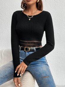 SHEIN Frenchy Áo thun nữ Tương phản ren Gân đan màu trơn Giải trí - màu đen - Xem 6