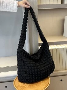 Pleated Design High Capacity Bubble Shoulder Bag Solid Color Tote Bag - Black - View 2