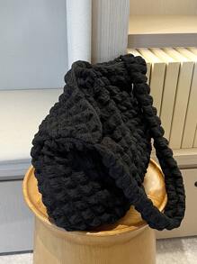 Pleated Design High Capacity Bubble Shoulder Bag Solid Color Tote Bag - Black - View 3