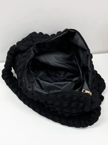 Pleated Design High Capacity Bubble Shoulder Bag Solid Color Tote Bag - Black - View 4