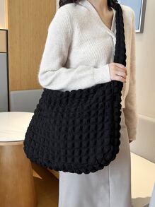 Pleated Design High Capacity Bubble Shoulder Bag Solid Color Tote Bag - Black - View 5