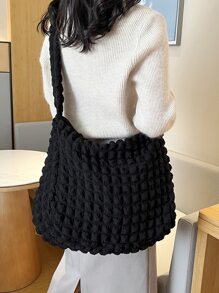 Pleated Design High Capacity Bubble Shoulder Bag Solid Color Tote Bag - Black - View 7