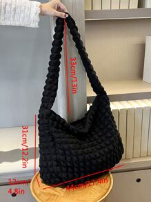 Pleated Design High Capacity Bubble Shoulder Bag Solid Color Tote Bag - Black - View 8