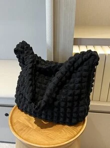 Pleated Design High Capacity Bubble Shoulder Bag Solid Color Tote Bag - Black - View 9