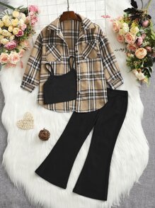 SHEIN Leap Crew 年輕女孩格紋印花衫&吊帶上衣&喇叭褲