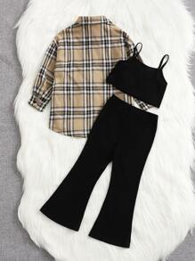 SHEIN Leap Crew 年輕女孩格紋印花衫&吊帶上衣&喇叭褲