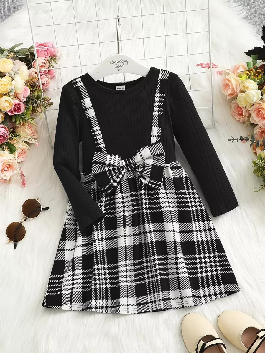 SHEIN Leap Crew Young Girl Plaid Print Bow Front 2 In 1 Dress - Black and White - View 1