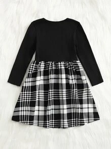 SHEIN Leap Crew Young Girl Plaid Print Bow Front 2 In 1 Dress - Black and White - View 2