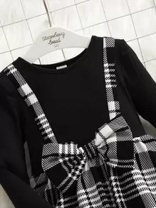 SHEIN Leap Crew Young Girl Plaid Print Bow Front 2 In 1 Dress - Black and White - View 5