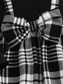 SHEIN Leap Crew Young Girl Plaid Print Bow Front 2 In 1 Dress - Black and White - View 4